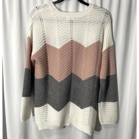 Full Circle Trends Boho Chevron Sweater White & Light Mauve & Gray XL - Picture 2 of 11